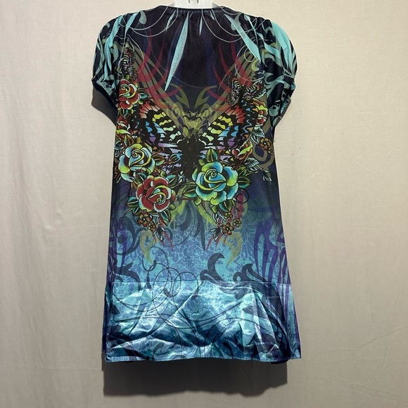 Oneworld Vibrant Blue Graphic Flutter Sleeve Tunic, L - Picture 3 of 4